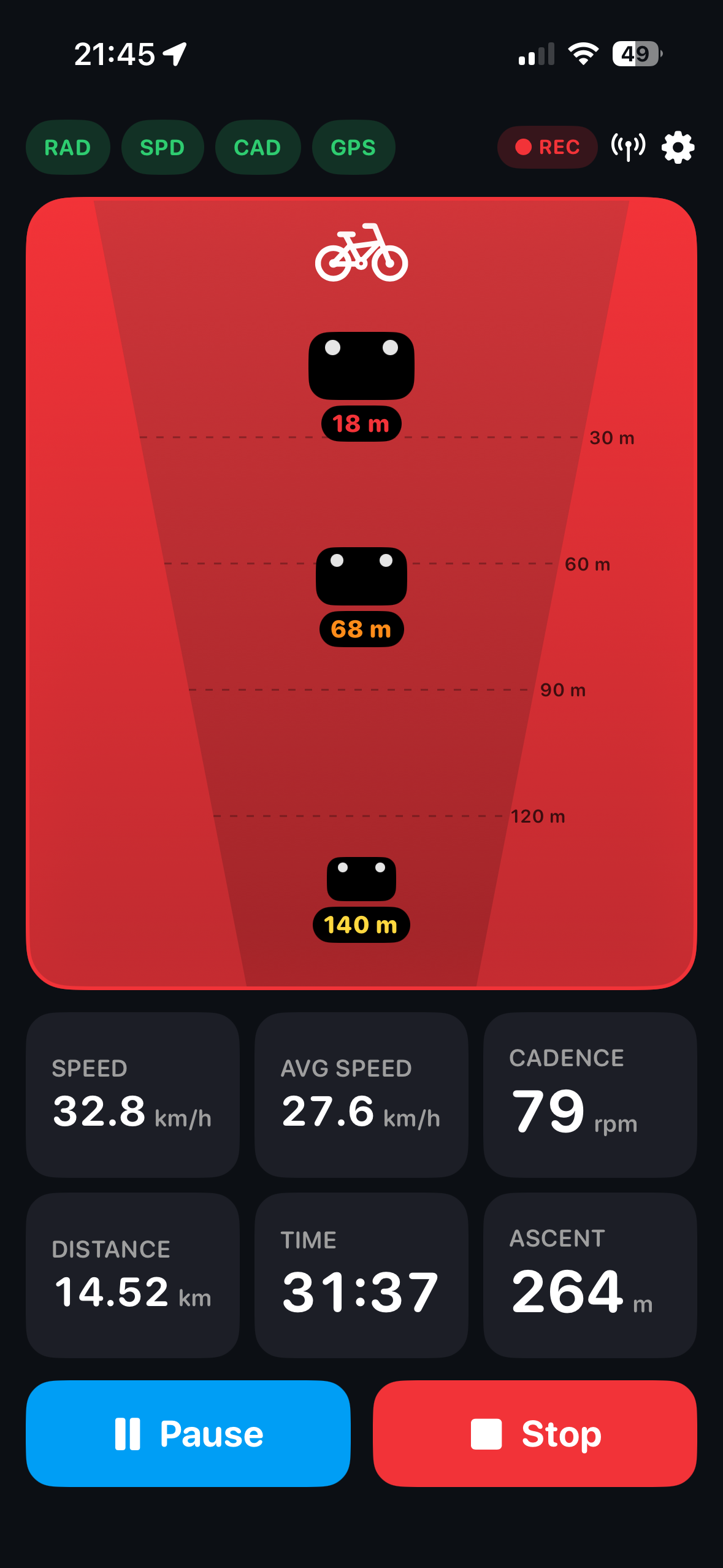 CycleHUD main riding screen with the radar panel flooded red as a vehicle closes in
