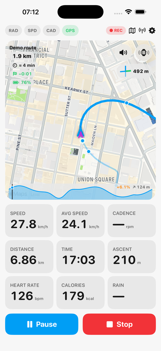 Following a route — live street map with the ghost rider, junction badge and climb profile